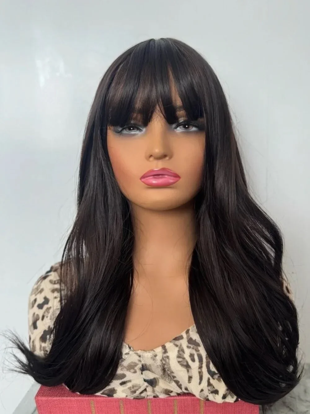 Dark Brown Wig with Bangs Shoulder Length Straight Layered Heat Resistant